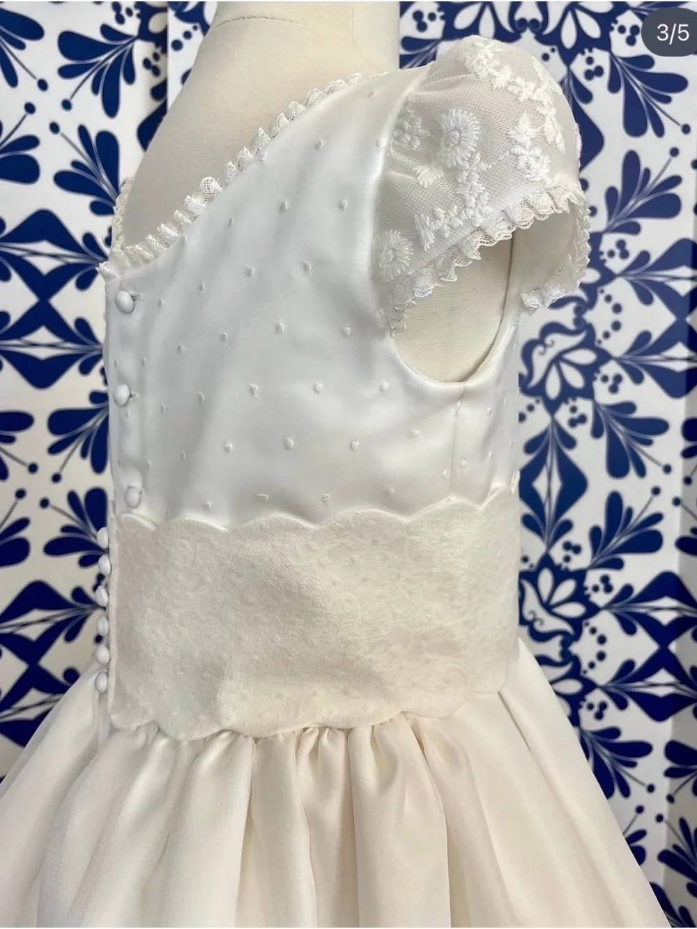 Marta y Paula Girls' White Satin Communion Dress with Lace Cap Sleeves
